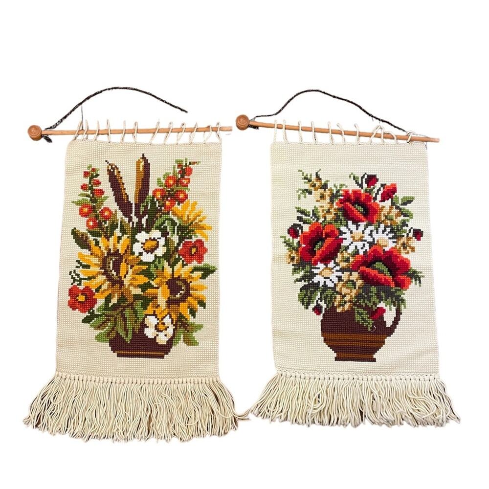 Mid Century Modern‎ Floral Needlepoint Wall Hanging Boho Set 2 Handmade Vintage
